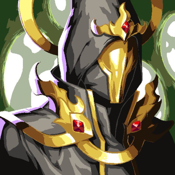 A stylized digital illustration of a mysterious hooded figure wearing an ornate golden mask and armor adorned with red gems.
