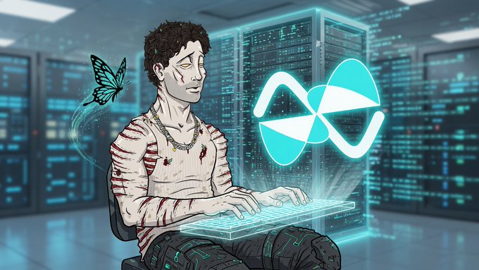 A stylized illustration of a wounded hacker typing on a glowing keyboard, with a cyber butterfly and infinity-style logo on a server-room backdrop.