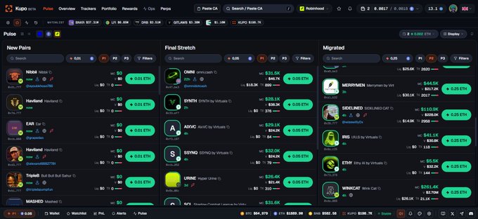 A screenshot of the 'KOLscan Pulse' platform on the Base network, displaying sections for 'New Pairs', 'Final Stretch', and 'Migrated' tokens with their market caps and P/E ratios.