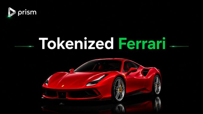 A red Ferrari sports car is displayed against a black background with the text "Tokenized Ferrari" in bold white and green lettering, alongside the "prism" logo in the top left corner, promoting the world's first tokenized Ferrari now live and tradable on Prism.