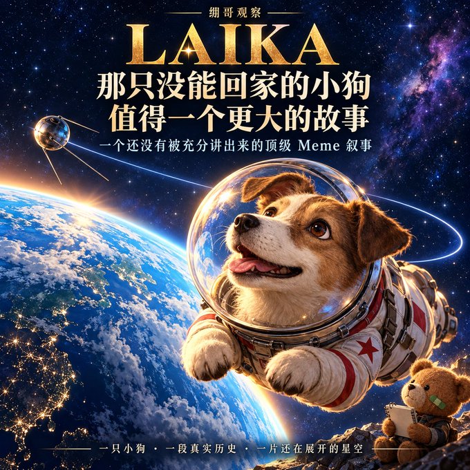 A promotional image featuring a dog in a space suit titled 'LAIKA' with Chinese text discussing the dog's story and space exploration, with Earth and a satellite in the background.