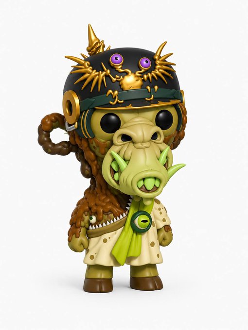 A Funko Pop figure of a grotesque monkey-like creature wearing an ornate spiked helmet with purple eyes, dressed in a coat with a green scarf and monocle.
