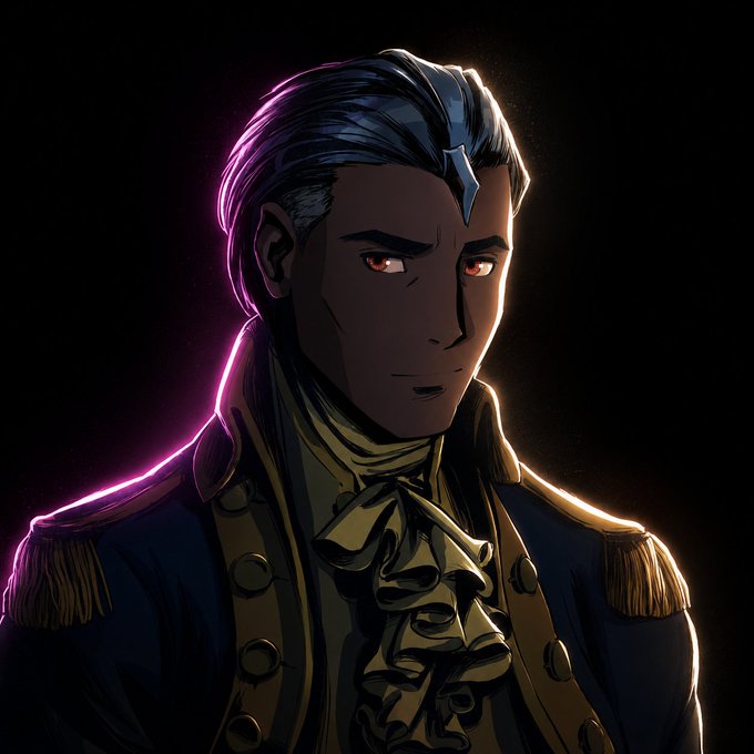 A digital illustration of a stern-looking man with gray hair, red eyes, and an ornate blue military-style coat with gold trim, set against a dark background with pink and yellow rim lighting.
