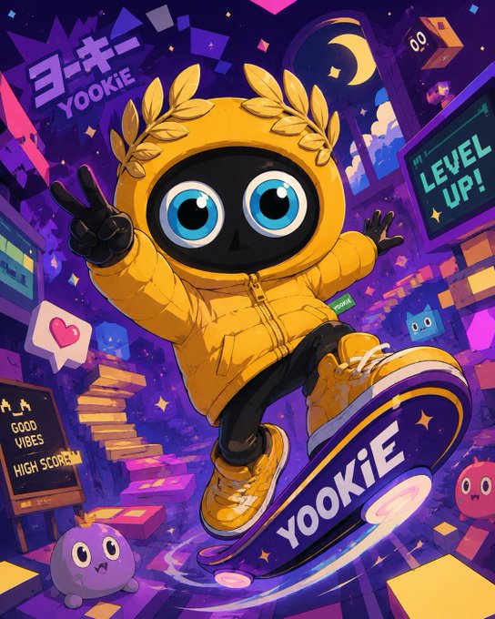 A vibrant cartoon illustration of a character named 'YookiE' wearing a yellow hooded jacket with a laurel wreath, riding a skateboard through a colorful game-like cityscape with 'LEVEL UP!' and 'GOOD VIBES HIGH SCORE' text visible.