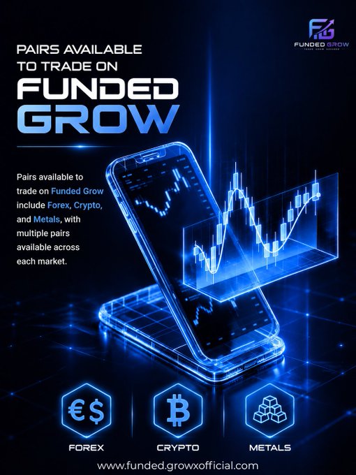A promotional graphic for "FUNDED GROW" advertises trading pairs including Forex, Crypto, and Metals, with the website "www.funded.growxofficial.com" at the bottom.