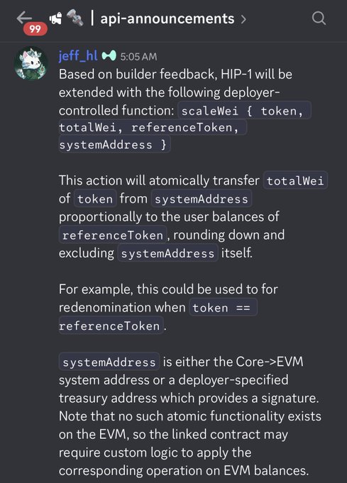 A Slack message from jeff_hl in the #api-announcements channel at 5:05 AM announces that HIP-1 will be extended with a `scaleWei` deployer-controlled function that atomically transfers token balances proportionally. The accompanying post explains how this could be used for income distribution proportional to holders, using REALTY real estate tokens as an example where the scaleWei function could distribute profits proportionally to the 10,000 investors holding 1 million REALTY tokens.