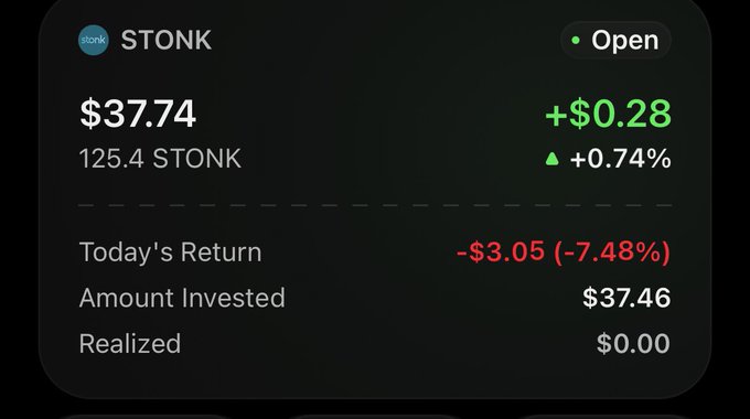 A stock portfolio widget shows STONK at $37.74, up $0.28 (+0.74%), with today's return of -$3.05 (-7.48%) and an amount invested of $37.46.