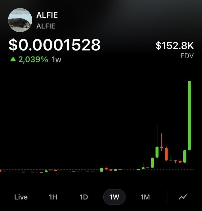 A cryptocurrency price tracking screen for the token 'ALFIE' showing a price of $0.0001528, a 2,039% increase over 1W, an FDV of $152.8K, and a green weekly candlestick chart.