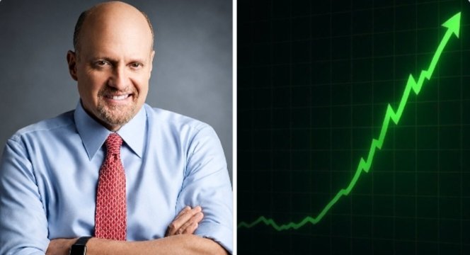 A split image shows a confident-looking Jim Cramer in a blue shirt and red tie on the left, paired with a green upward-trending chart on the right. The image visually contrasts Cramer's notable bearish stance on Bitcoin with the "Inverse Cramer" theory, suggesting that his selling could paradoxically signal a buying opportunity as the chart points sharply upward.