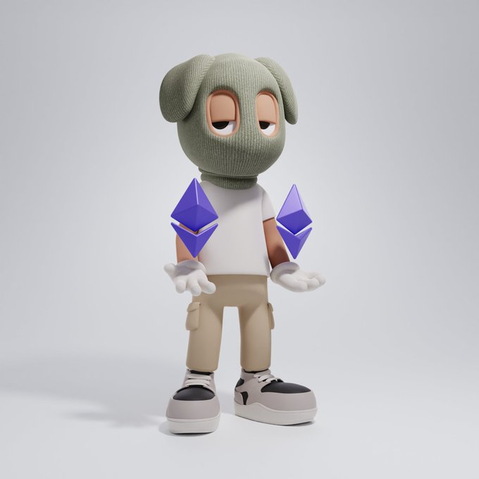 A 3D-rendered cartoon character wearing a green dog hood and white shirt, holding two floating purple Ethereum logos.