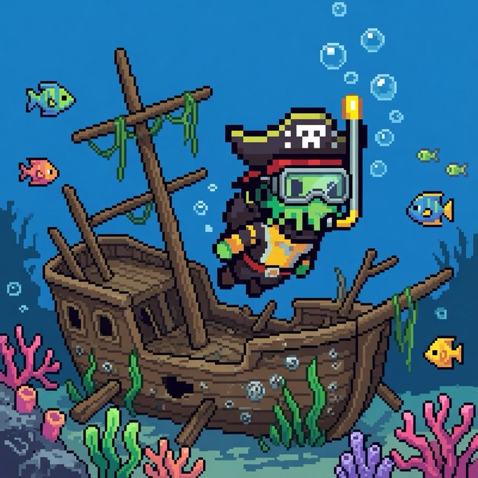 Pixel art illustration of a green-skinned scuba diver character exploring an underwater shipwreck surrounded by colorful fish and coral.
