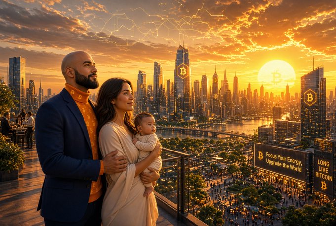 A family gazes at a golden cityscape emblazoned with Bitcoin logos, where billboards proclaim "Focus Your Energy, Upgrade the World" and "LONG LIVE BITCOIN," capturing the Bitcoin-forward, prosperity-driven vision referenced alongside tickers like $BTC, $MSTR, and $ASST.