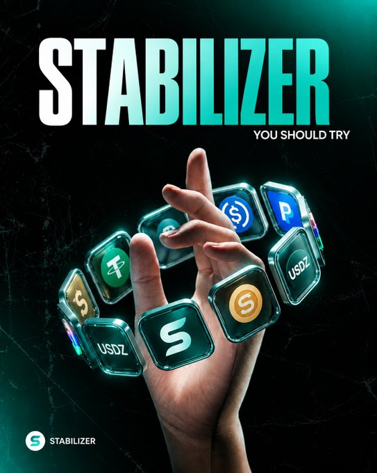 A promotional graphic for 'STABILIZER YOU SHOULD TRY' showing a hand surrounded by floating app icons.