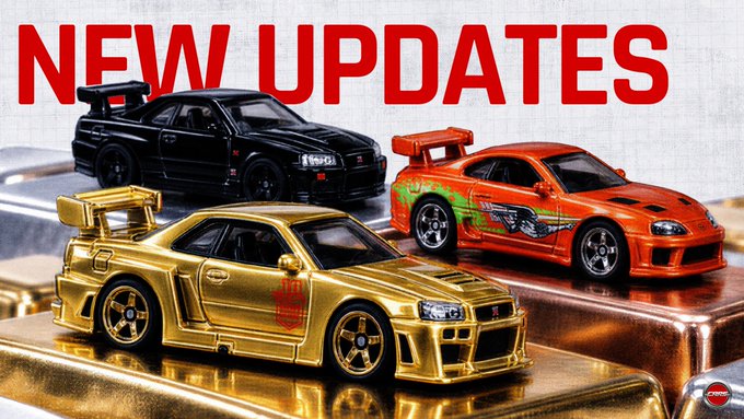 An image displaying three toy cars—black, gold, and orange—resting on a metallic surface beneath the large red text 'NEW UPDATES'.