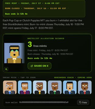 A pixel-art themed promotional page advertising a free mint of 'Pug Cup or Clutch Puppies NFT' between July 17 and July 16, 2025, noting a 'whitelist allocation secured' of 3 free mints and a burn wallet address.