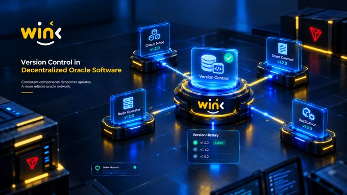 A futuristic 3D graphic titled 'Version Control in Decentralized Oracle Software' by 'winx', showing interconnected holographic modules labeled Oracle Node, Node Operator, Version Control, Smart Contract, and Application.