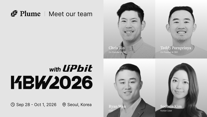 Plume team members Chris Yin (Co-Founder & CEO), Teddy Pornprinya (Co-Founder & CBO), Ryan Wen (COO), and Soomin Kim (Korean Lead) are featured in a "Meet our team" graphic promoting their attendance at Upbit KBW2026, taking place September 28 - October 1, 2026 in Seoul, Korea, ahead of Korea's tokenized securities framework going live in four months.