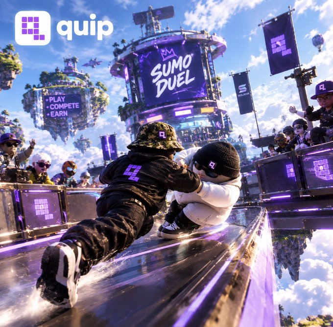A vibrant, surreal 3D-rendered scene for 'quip' shows two stylized figures sumo wrestling on a metallic platform, with a 'SUMO DUEL' screen and floating islands in the background.