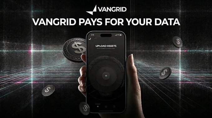 A promotional image for 'VANGRID' with the text 'VANGRID PAYS FOR YOUR DATA' displayed over a hand holding a smartphone showing an 'UPLOAD ASSETS' interface.