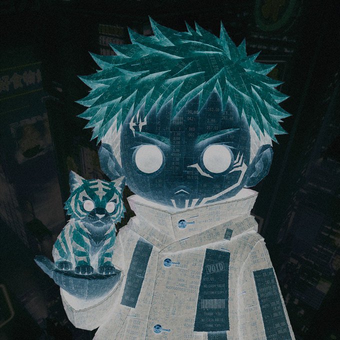 A stylized illustration depicts a teal-haired character with glowing white eyes holding a striped cat, rendered in a collage style overlaid with financial numbers and a visible "VOID VOID VOID" receipt pattern, aligning with the "BR0KE B◉_◉KIES" giveaway promotional post.