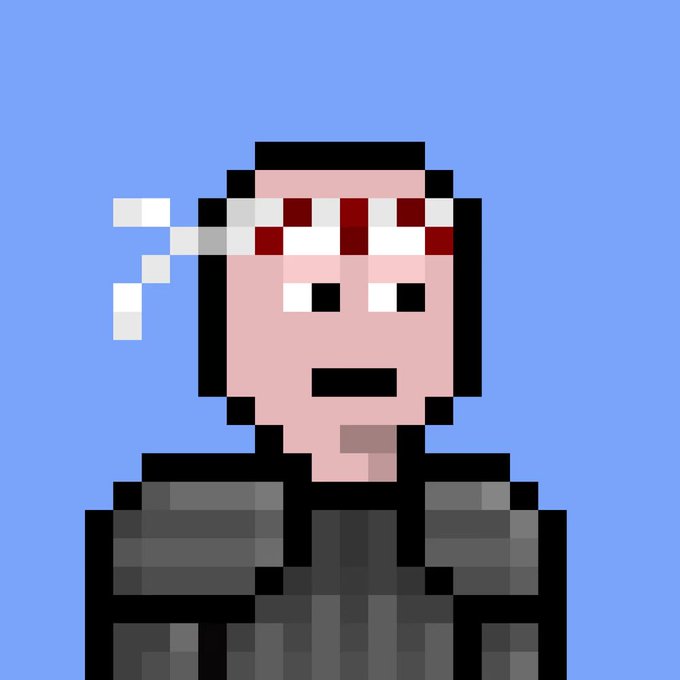 A pixel art character with a pink head, black hair, a black-and-white patterned headband, and a dark jacket is shown against a solid blue background.