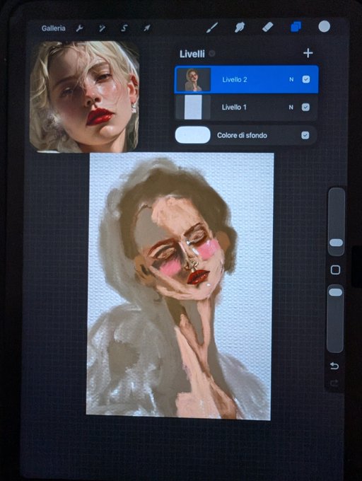 A digital painting app interface on a tablet shows a portrait being created, with a reference photo of a blonde woman in the top left and a digital painting in progress on the canvas below. The layers panel shows 'Livello 2' and 'Livello 1' in Italian.