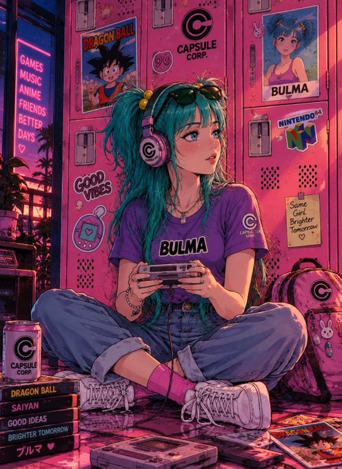 Anime-style artwork of a turquoise-haired girl wearing a 'BULMA' t-shirt and headphones, playing video games in a pink locker room decorated with Dragon Ball and Nintendo 64 posters, with Capsule Corp branding visible.