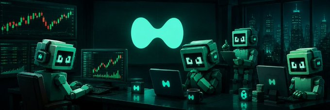 A futuristic trading room features four green robot characters with headphone-like ears working at laptops and monitors displaying stock charts, with a glowing infinity-style logo centered on the wall behind them and "HypeTradoors" branding visible on mugs and screens—visually representing the automated, algorithmic trading vibe behind the giveaway for 5 whitelist spots to mint the 3,333-supply HypeTradoors NFT collection for free.