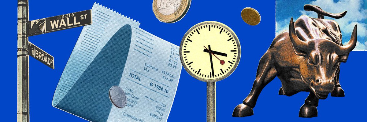 The image is a collage on a blue background featuring a Wall Street/Broadway street sign, a receipt totaling €1984.10 with items like "Subtotal TAX" and "TOTAL," an analog clock, a 2 Euro coin, and the bronze Wall Street Charging Bull statue. 

The caption references these elements as potential Easter eggs hinting at Ripple's financial ambitions: the Wall Street sign and bull symbolizing bullish market dominance, the €1984.10 total possibly encoding a memorable year or price target, and the clock and coins suggesting a race against time in the global monetary race.
