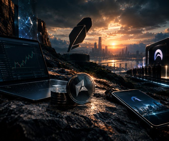 A stylized digital artwork displaying various cryptocurrency coins and symbols, including Ethereum and Tron, arranged on a rocky surface with a sunset cityscape in the background.
