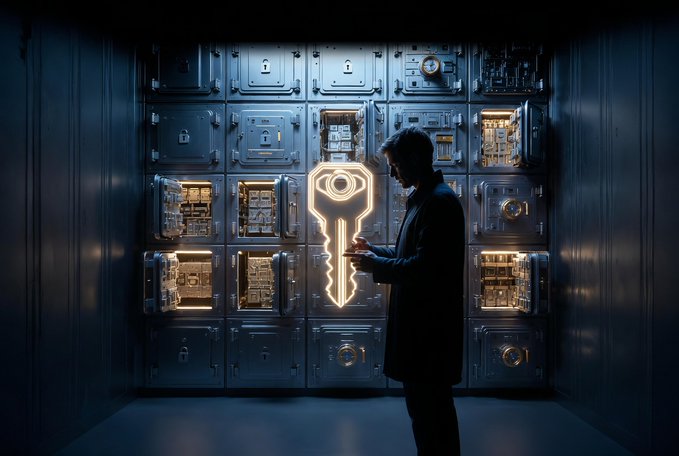 A silhouetted figure holds a glowing golden key in front of a wall of high-security safe deposit boxes, symbolizing the personal responsibility of holding one's own private keys rather than relying on centralized custodians. The illuminated key visually reinforces the post's message that true ownership of crypto assets requires self-custody, as convenience offered by third parties comes at the cost of control.