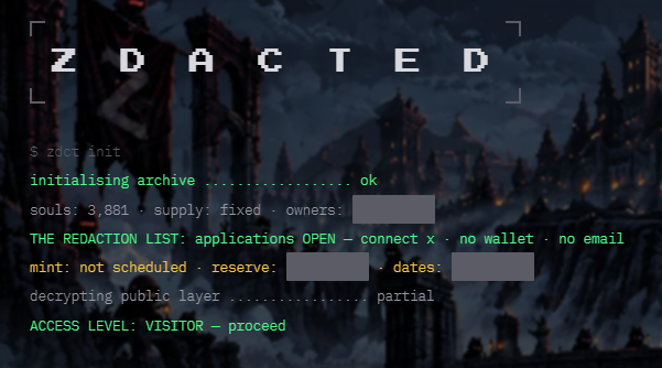 A dark webpage header for 'ZDACTED' featuring terminal-style text about an 'initialising archive' and 'ACCESS LEVEL: VISITOR' over a medieval castle background.
