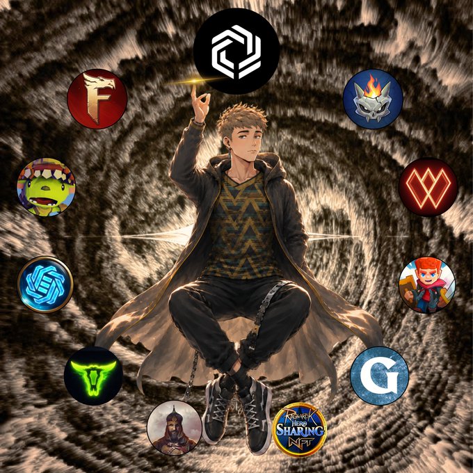 The image features a cartoon boy with a backpack, surrounded by various logos and icons related to gaming and social media. The boy appears to be holding up a sign that says "sharing", which could be an indication of his involvement in online communities or collaborative gaming experiences. Other elements present include logos for different game genres such as "F" (Fantasy), "G" (Goblins), "O" (Outlaw), and "G" (Guild). The boy is also wearing a backpack, which could be used to carry his gaming equipment or personal belongings while he engages in these activities.