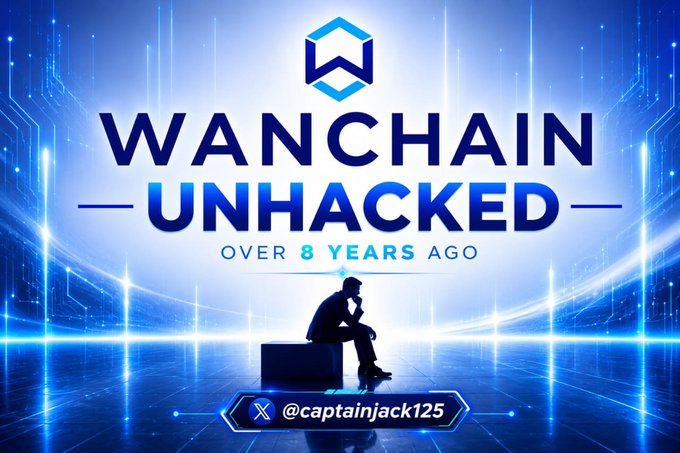 A promotional graphic for Wanchain highlights its "UNHACKED" security track record "OVER 8 YEARS AGO," featuring a contemplative figure seated in a blue digital environment. The image's emphasis on long-standing, uncompromised security visually reinforces the post's message that robust protection is essential—not optional—in Web3.