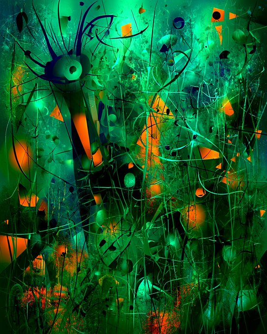 An abstract digital artwork featuring chaotic green and orange tones with dark, swirling lines and geometric shapes layered over a textured background.