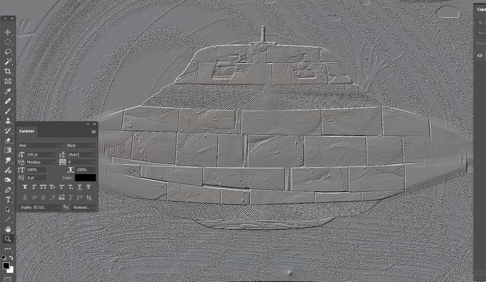 A grayscale, embossed-style filter applied to an image of a structure within an image editing software interface.