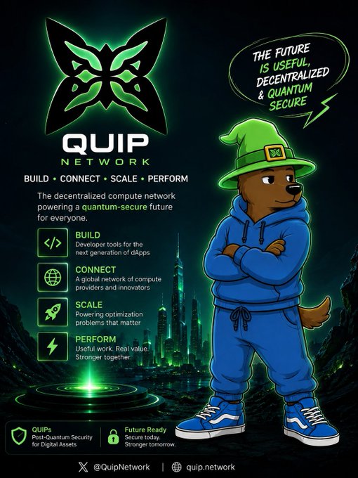 A promotional graphic for QUIP NETWORK featuring a cartoon bear character wearing a blue tracksuit and a green wizard hat, with text highlighting 'BUILD • CONNECT • SCALE • PERFORM' and 'The future is useful, decentralized & quantum secure' against a dark city backdrop.