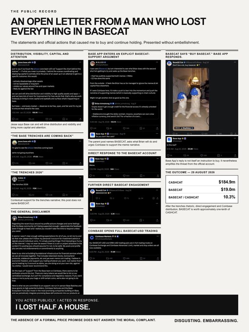 An article titled 'AN OPEN LETTER FROM A MAN WHO LOST EVERYTHING IN BASECAT' detailing crypto project disputes and community responses on Base App.