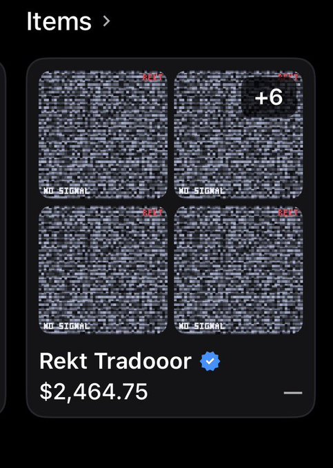 A mobile screenshot shows an NFT collection listing for "Rekt Tradooor" priced at $2,464.75, featuring four static "NO SIGNAL" TV screen tiles with a "+6" indicator suggesting more items available, tying into the post celebrating alpha shared from the Rekt Guy launch and the gains from the $48 to $251 mint price flip.