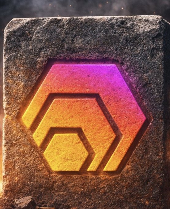 A stone block with a glowing orange and pink hexagonal logo carved into its center, surrounded by embers and smoke.