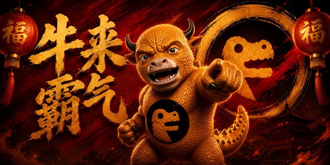 A festive Chinese New Year graphic featuring an animated yellow dragon character pointing forward, surrounded by red lanterns and Chinese calligraphy.