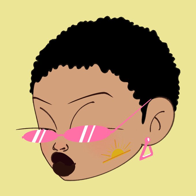 Cartoon illustration of a person with dark curly hair wearing pink sunglasses and a sun face sticker on their cheek.