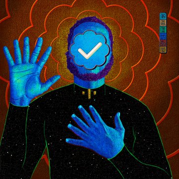 A surreal digital artwork depicting a blue-skinned figure with a checkmark cloud for a head, hands raised, wearing a starry black garment against an ornate orange and red background.