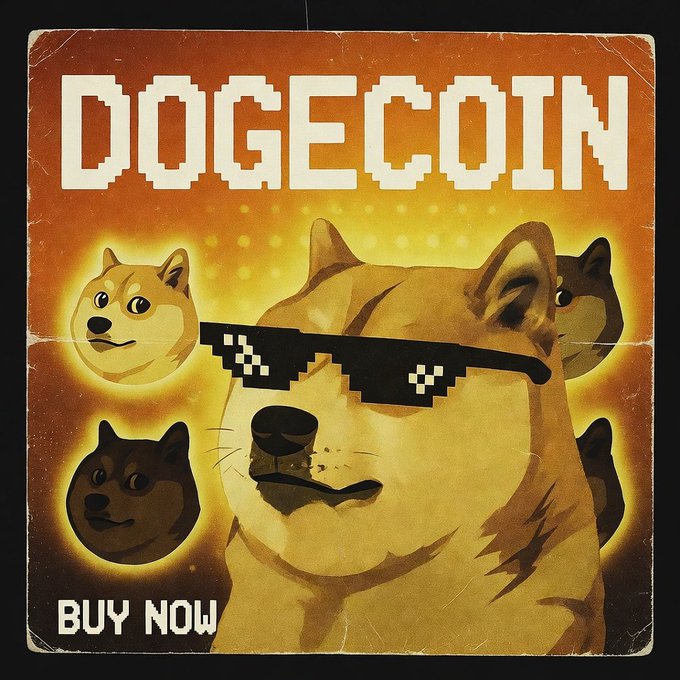The image features a poster for Dogecoin, which has a brown dog wearing sunglasses with black and white checks. The poster includes text that reads "Dogecoin", "DOGE coin", and "Buy now". There are four other dogs in the background of varying sizes and colors, all wearing sunglasses as well.