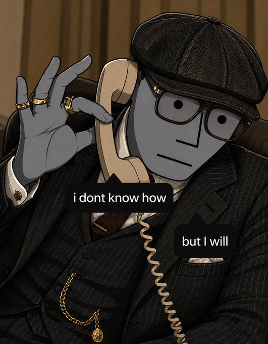 An animated illustration of a character with gray skin wearing a flat cap, glasses, and a pinstripe suit, talking on a rotary phone with the text 'i dont know how' and 'but I will'.