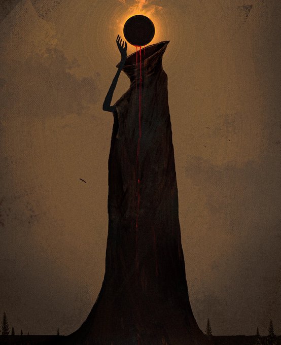 A dark, surreal illustration of a shadowy cloaked figure holding up a black orb in front of a glowing solar eclipse, with thin red streams dripping down from the orb.