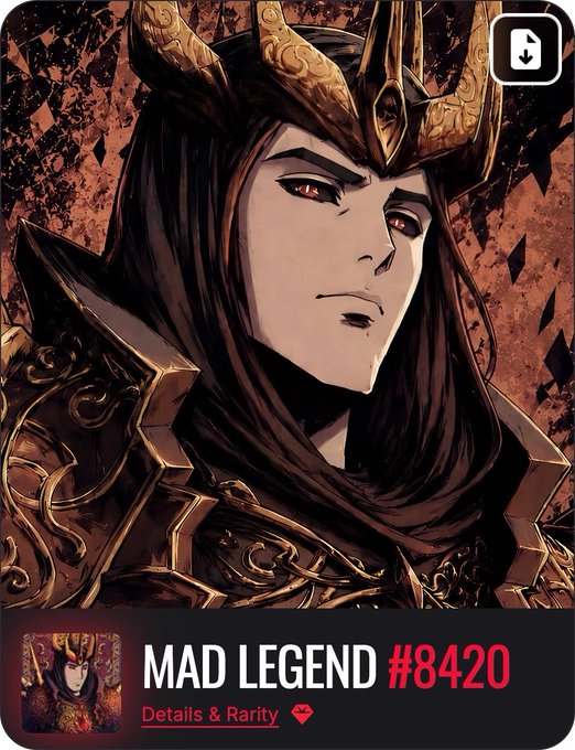 A digital collectible card titled 'MAD LEGEND #8420' featuring an illustrated anime-style character with dark hair, red eyes, and ornate golden armor.