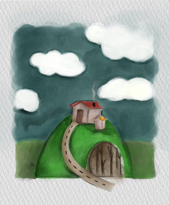A whimsical watercolor illustration depicts a small house on a green hill with a winding road, a hobbit-style door, and white clouds in a gray sky.