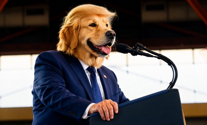 The image features a man dressed as a president of the United States, wearing a suit and tie while standing behind a podium with his hand on top of it. The caption for the image reads "$Tsuki (April 7, 2025): Black & white cars with 433 on the car + red button scene. BP (April 7, 2026 at 4:33): Black & white fighters + We're not here to take part. We're here to take over." The post is about a man dressed as President Trump and his speech from April 7, 2025.