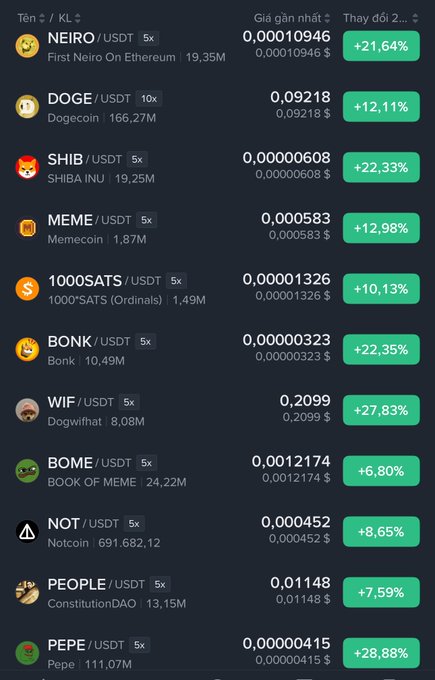 A cryptocurrency trading interface showing meme coins with positive 24h price changes, including NEIRO/USDT (+21.64%), DOGE/USDT (+12.11%), SHIB/USDT (+22.33%), MEME/USDT (+12.98%), PEPE/USDT (+28.88%), and others.